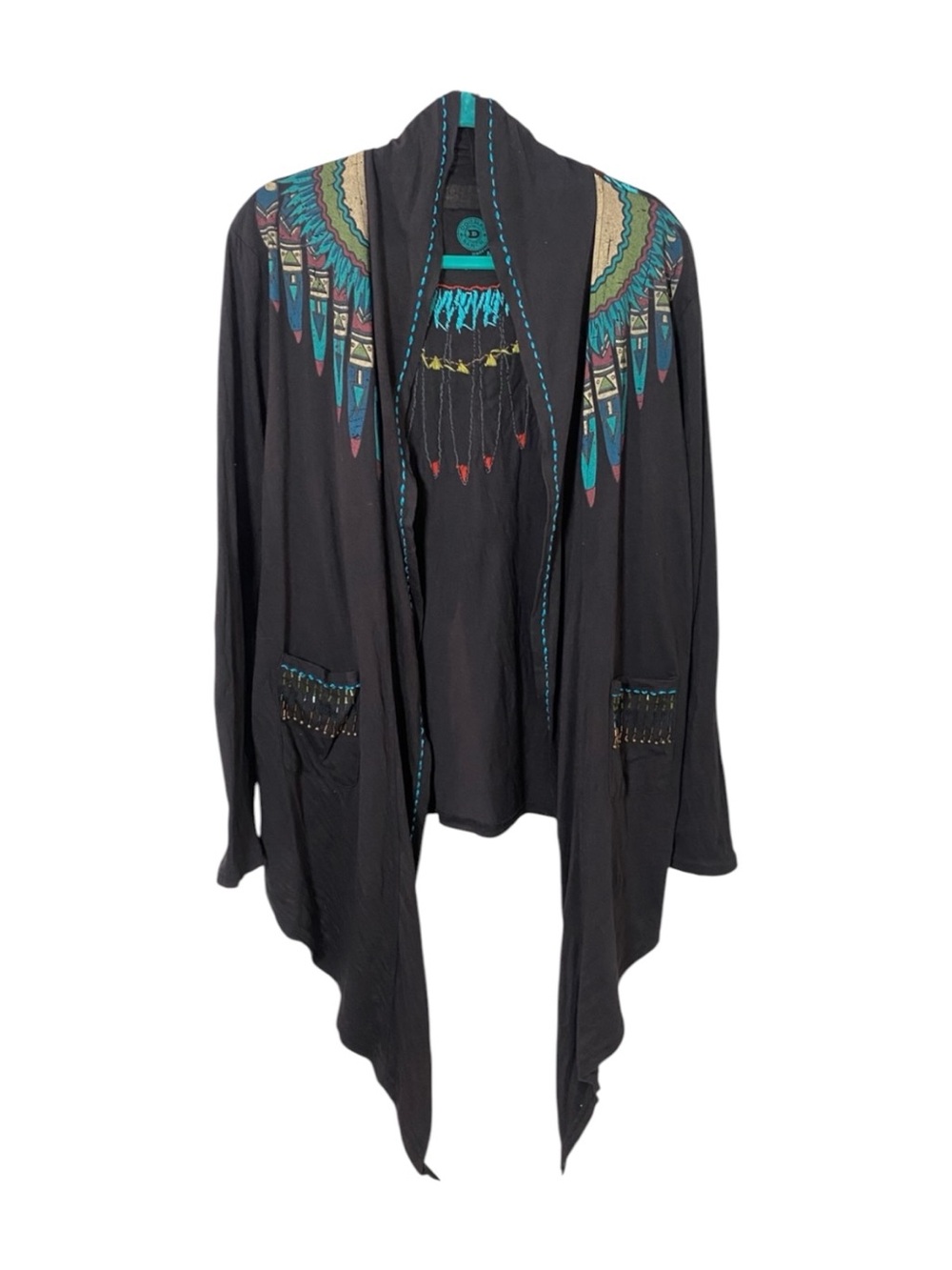 Double D Ranch Black Southwestern Beaded Embroidered Open Front Cardigan